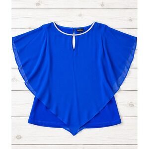MSK Goddess Blouse Royal Blue Rhinestone Neck Flutter Sleeve Chiffon Layer S NWT